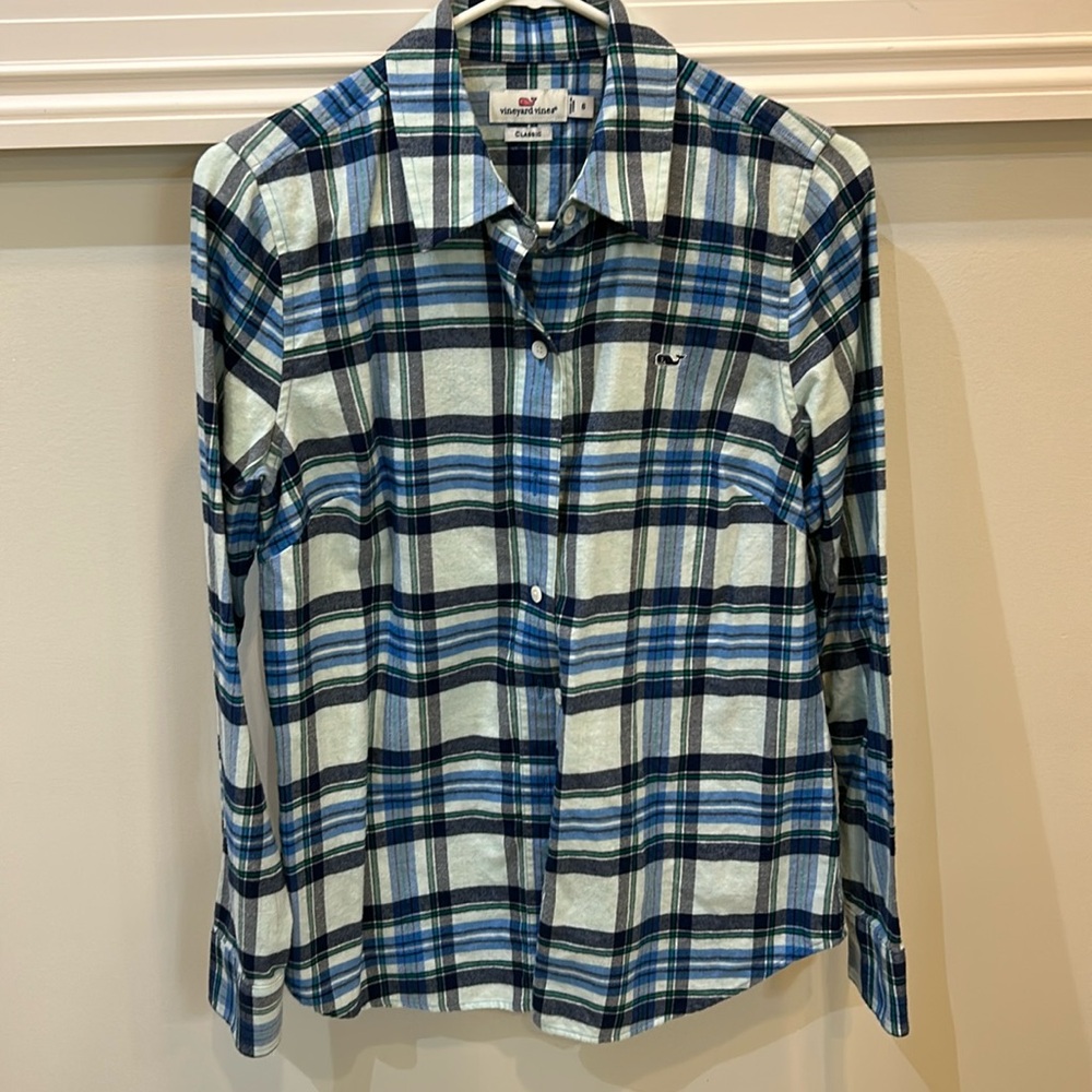 Vineyard Vines Flannel Shirt Womens Small Blue Plaid Button Up Long‎ Sleeve